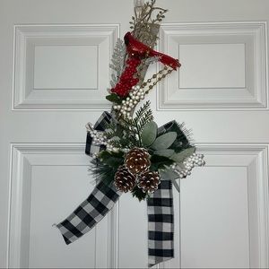 Christmas Upside Down Candy Cane with a Cardinal Bird Wreath Handmade